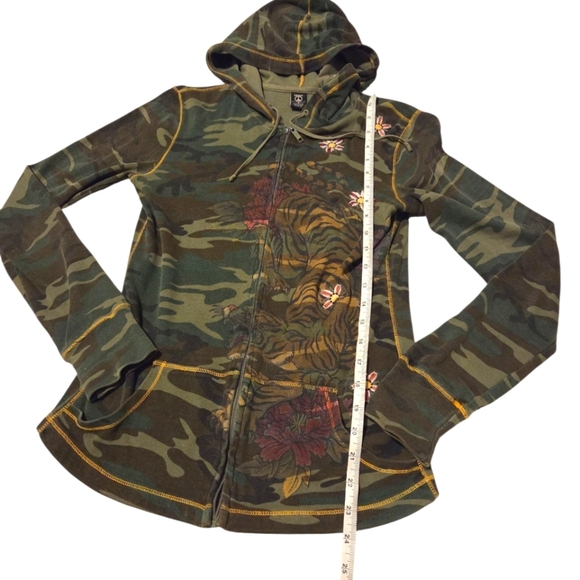 Vintage Y2k Lucky Camo Tiger Embroidered Flower Zip Hoodie Sweatshirt Sz Medium - Picture 5 of 10